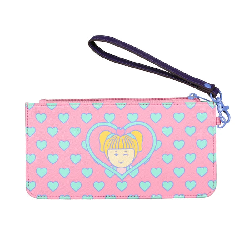A pink fold wallet featuring a pattern of light blue hearts and a cartoon girl face.