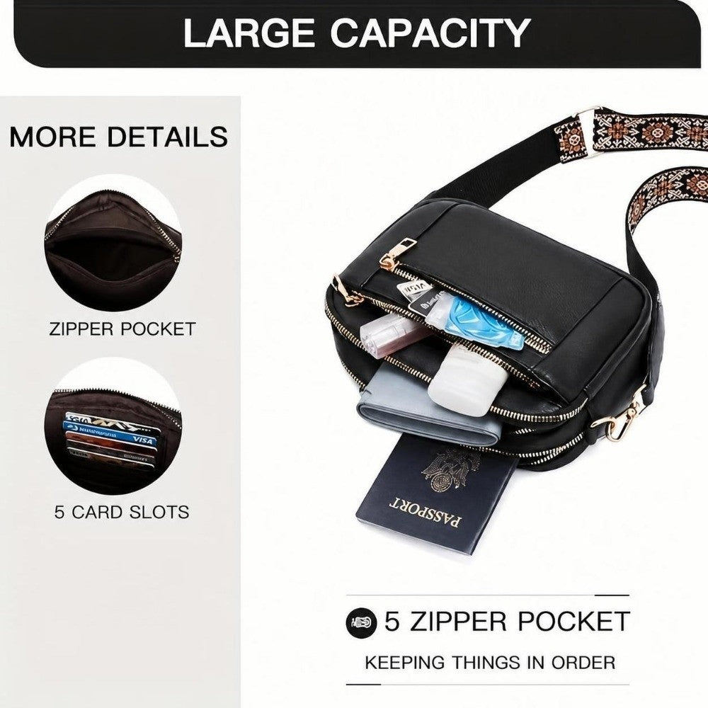 Black PU leather crossbody bag with a strap, showing details like zipper pockets and card slots.
