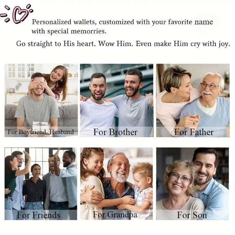 A collection of personalized engraved wallets for various relationships including boyfriend, brother, father, friend, grandpa